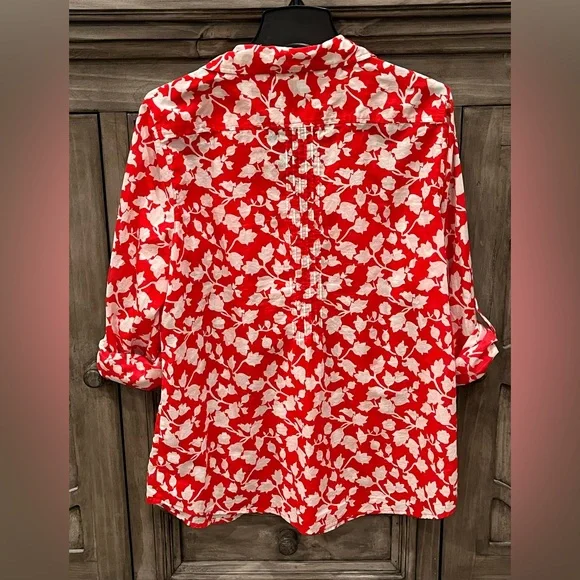Chico's Red and White Floral Button-Down Shirt - Picture 3 of 5